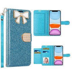 Ribbon Bow Crystal Diamond Wallet Case for Apple iPhone 11 [6.1] (Light Blue)